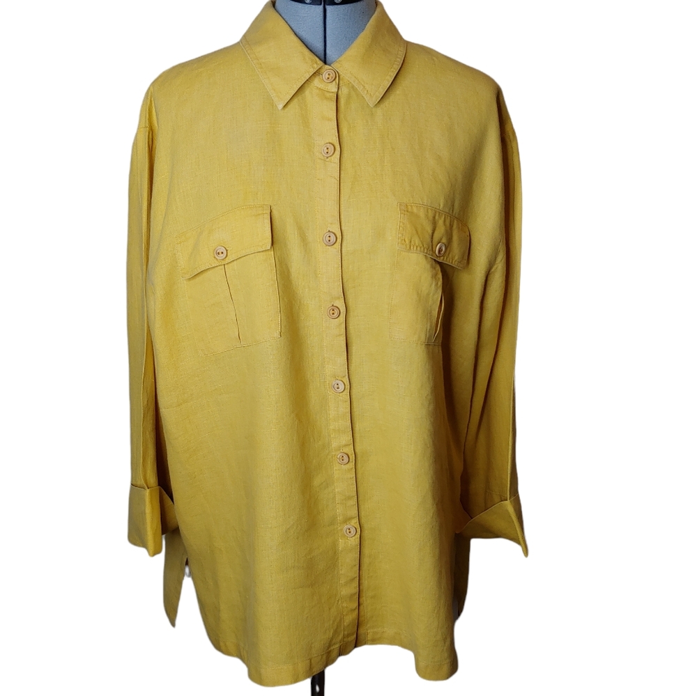 David Dart Collection Gold Linen Buttondown Tunic… - image 1